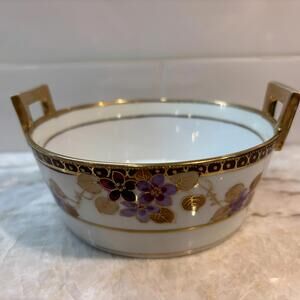 Antique Nippon Hand-Painted Porcelain Handled Bowl – Purple Floral & Gold Enamel